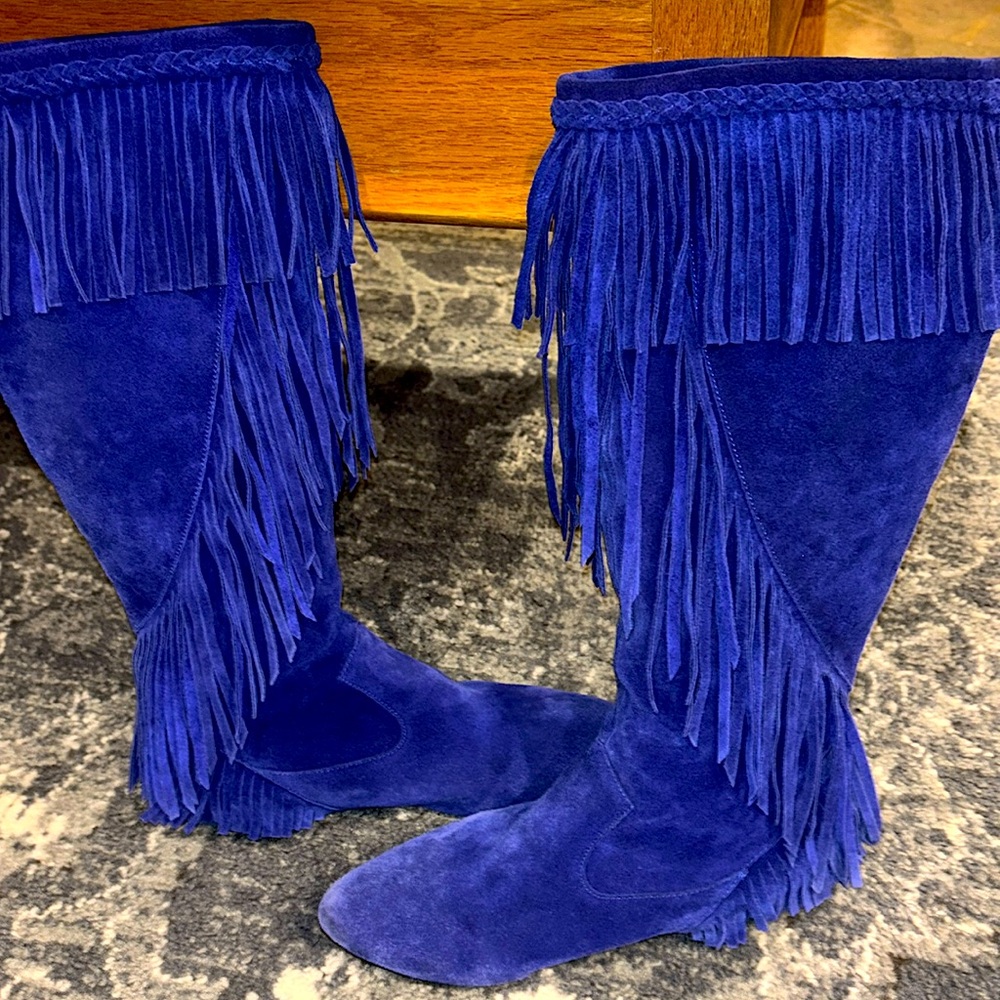 Sam Edelman Utah Fringe Blue Suede Flat Boots 8